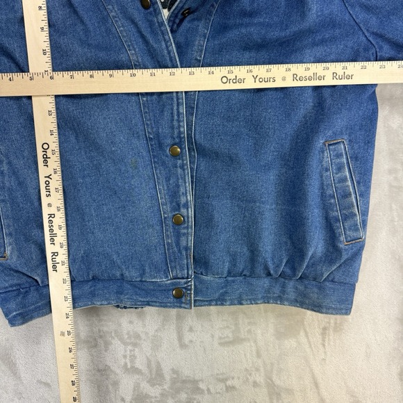 VTG 90s Women's Denim Bomber Jacket AOP Newspaper Print Lined Blue Jean Coat M - Picture 12 of 12